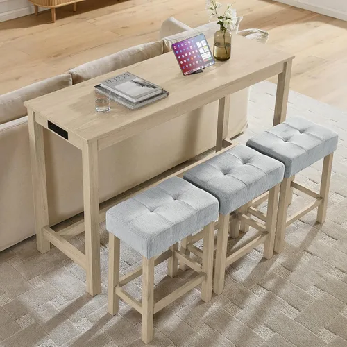 Vista 15 de Juego de mesa de barra de 59" de altura de mostrador con toma de corriente, mesa de desayuno industrial con 3 taburetes acolchados, juego de mesa