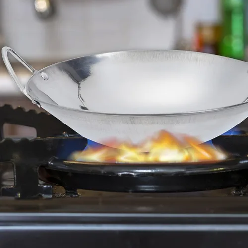 Vista 9 de Yardwe Wok Sartén de acero inoxidable Stir Fry Sartenes de 8 pulgadas Olla caliente de hierro Sartén de hierro de doble mango Olla de cocina china