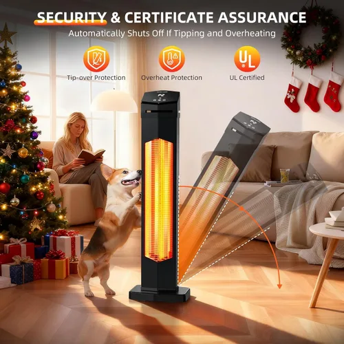 Vista 4 de Calentador eléctrico de patio de 1500 W, calentador infrarrojo de 36 pulgadas con control remoto, calentador de espacio de torre infrarrojo