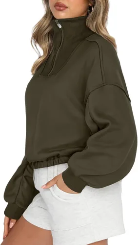 Vista 2 de LASLULU Sudaderas con media cremallera para mujer, con forro polar, manga larga, cuello corto, suéter, ropa de otoño
