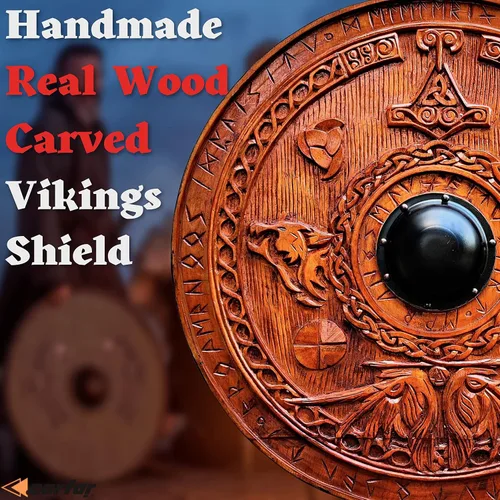 Vista 5 de Escudo de guerrero medieval de la era vikingos tamaño completo para adulto, 30.0 in, hecho a mano, madera natural, tallada, juego de batalla