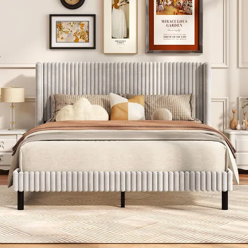 Vista 3 de Giantex Base de cama de terciopelo tamaño Queen, plataforma tapizada con cabecera vertical copetuda, base de colchón de soporte de listones