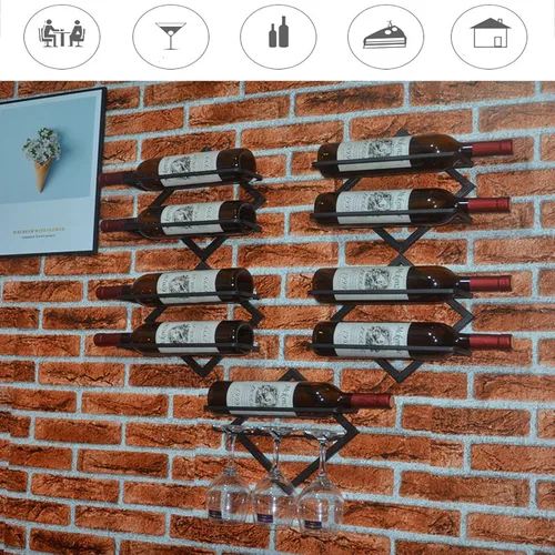 Vista 4 de Paquete de 2 estantes de metal para vino montado en la pared, estante para botellas de vino y colgador de copas, estante de almacenamiento de vino