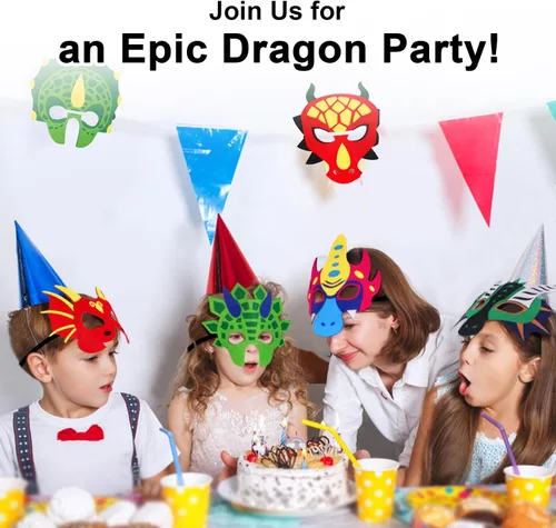 Vista 5 de iROLEWIN Paquete de 12 máscaras de dragón de fieltro para niños, recuerdos de fiesta, juguetes de dinosaurio, disfraces para niños y niñas, regalos
