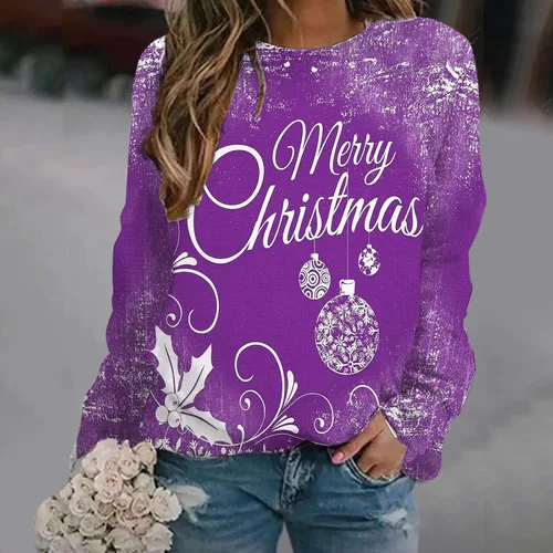 Vista 3 de Women'S Sweatshirt Round Neck Long Sleeved Merry Christmas Printed Cyber Of Day Deal Hoodie Full Workout Clothes
