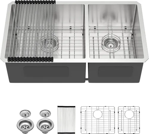 Vista 12 de Lordear 33 Inch Matte Gold Double Bowl Kitchen Sinks Gold-Workstation
