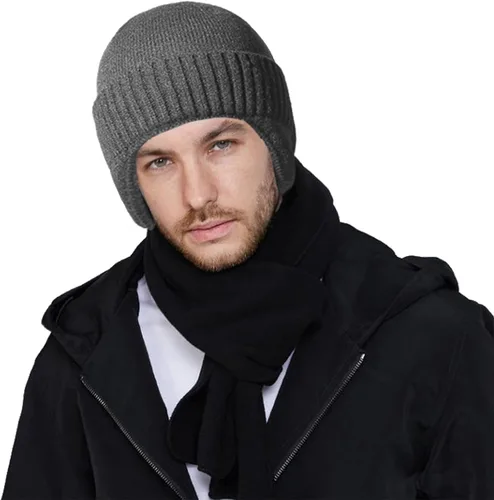 Vista 2 de Muryobao Gorro de punto con puños, cálido invierno con forro polar para hombre, gorro de acrílico suave