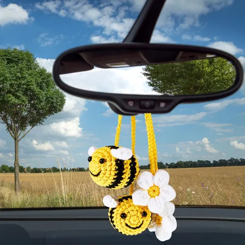 Vista 7 de 4 piezas de lindos accesorios para espejo retrovisor de abeja y flor, decoración de coche de ganchillo, accesorios para espejo de coche tejidos a