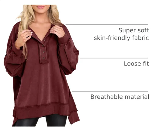 Vista 4 de AlvaQ - Sudadera para mujer, de gran tamaño, manga larga, botones, estilo Henley, túnica, tops, moda casual de otoño