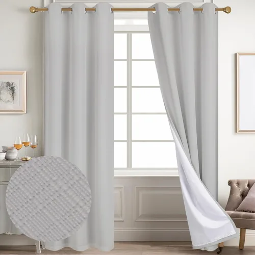 Vista 124 de Diraysid Cortinas 100% opacas de lino beige para dormitorio, con ojales, aislamiento térmico, cortinas de oscurecimiento de habitación