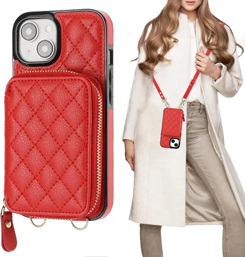 Vista 10 de Bocasal Funda tipo cartera con bandolera para iPhone 15, de cuero PU con bloqueo RFID, con cierre de cremallera, cartera tipo bolso con función