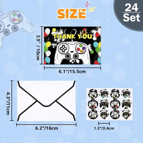 Vista 2 de WERNNSAI Tarjetas de agradecimiento de videojuegos – 24 piezas de decoración de cumpleaños de videojuegos, tarjetas de agradecimiento con sobres