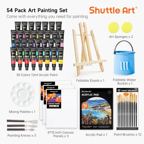 Vista 2 de Shuttle Art Juego de 54 pinturas acrílicas, juego de pintura acrílica con pintura acrílica de 30 colores, caballete de madera, lienzo de pintura