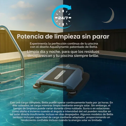 Vista 4 de Betta Skimmer robótico flexible para piscinas con energía solar, inalámbrico con modos de limpieza duales, protección de piscina suave al tacto.
