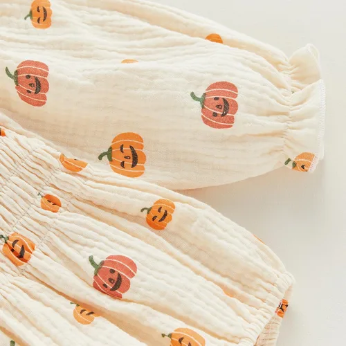 Vista 6 de Traje de Halloween para bebé recién nacida, disfraz de calabaza de manga larga de algodón y lino, enterizo con diadema