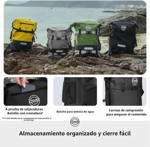 Vista 7 de STOVER - Mochila seca impermeable de 30/40/55L y funda para teléfono, bolsa seca flotante extragrande para kayak, viajes, senderismo, pesca Negro