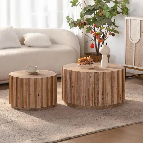 Vista 3 de WILLIAMPSACE - Juego de 2 mesas auxiliares redondas anidables, mesas centrales de madera rústica con cuerpo de listones verticales, mesa de té