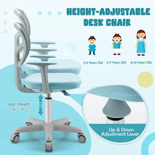 Vista 4 de GLACER Silla de escritorio para niños, silla de estudio giratoria de malla ajustable con ruedas, brazos, silla ergonómica para computadora con Azul