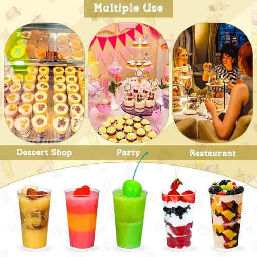 Vista 7 de Chengu Mini vasos de postre de plástico transparente de 3 onzas con cucharas, tazas redondas de postre para parfait, vasos de chupito de aperitivo