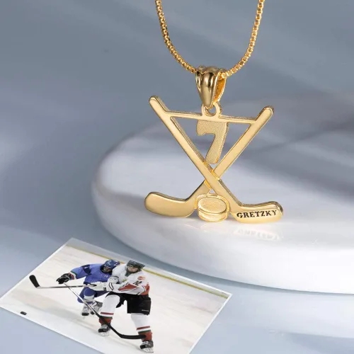 Vista 3 de AILIN Collar de hockey personalizado de plata de ley 925 con número de la suerte y nombre, colgante de grabado personalizado, palos de hockey sobre