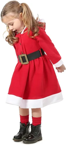 Vista 7 de Lilax Vestido rojo con capucha y cinturón navideño para niñas pequeñas, Rojo