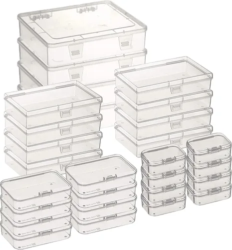 Vista 10 de Paquete de 85 recipientes rectangulares de plástico transparente de varios tamaños Tapa con bisagras, para cuentas y pequeños artículos