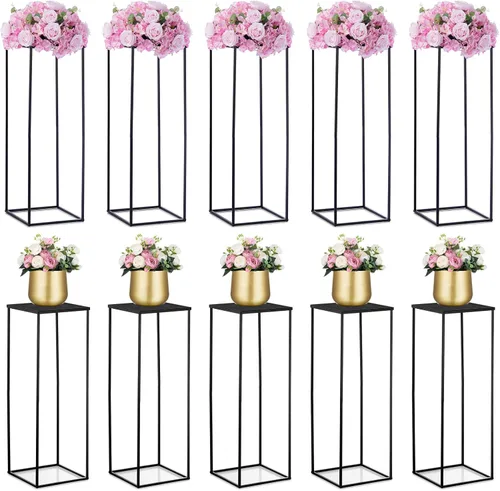 Vista 22 de Nuptio Jarrón de metal negro, 2 piezas de 15.7 pulgadas de alto, jarrones cilíndricos y cuadrados para centros de mesa, decoraciones para el hogar