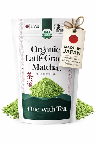 Vista 5 de One With Tea Polvo de Hojicha orgánico, polvo de té verde japonés tostado, molido en piedra, bajo en cafeína, sabor suave, 2 oz (60 g), perfecto