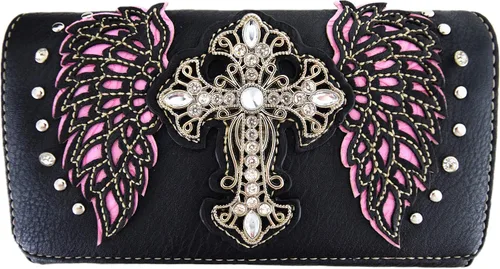 Vista 3 de Estilo occidental Rhinestone Cruz tachonado láser corte alas herramientas cuero bolso mujeres bolsos país hombro cartera conjunto