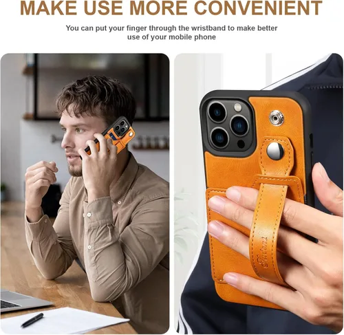 Vista 4 de Funda para iPhone 15 Pro Max 2023, de piel sintética, con ranura elástica para tarjetas, cierre magnético, correa de mano, funda protectora