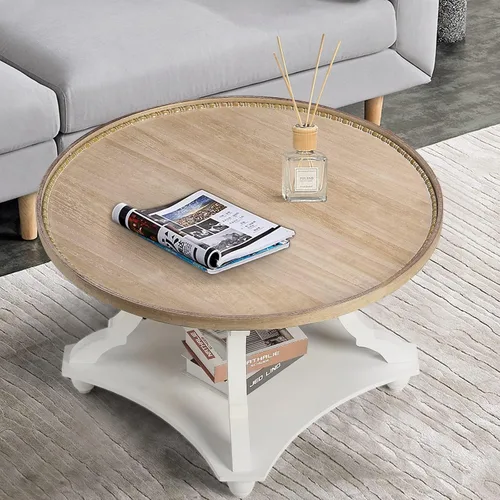 Vista 6 de Wnutrees - Mesa de centro redonda de estilo granja, mesa de café con bandeja de madera y estante de almacenamiento de estilo rústico con acabado
