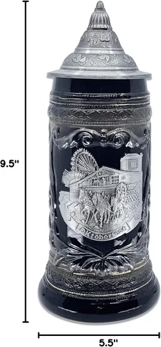 Vista 5 de OktoberfestHaus Oktoberfest Stein Bier Krug Stein Bier Krug - Jarra de cerámica negra con medallón de metal de caballos de tiro alemanes y vagón