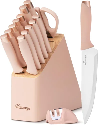 Vista 8 de Juego de cuchillos de cocina con afilador, juego de cuchillos de acero inoxidable alemán dorado con bloque y mango ergonómico de grano de madera