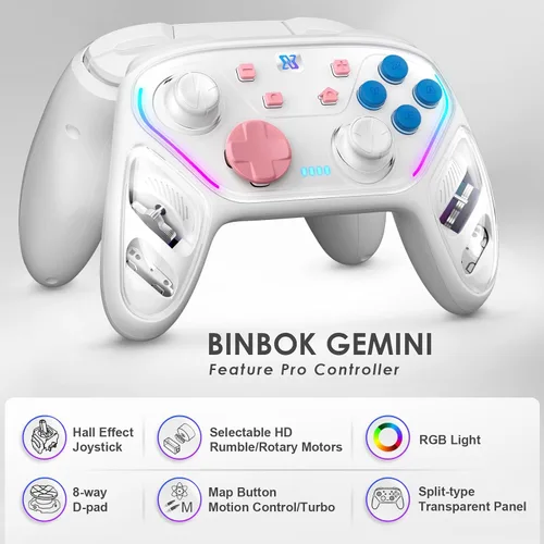 Vista 2 de BINBOK GEMINI Switch Controller, Wireless Switch Pro Controller for SwitchSwitch LiteSwitch OLED, Hall Effect Joystick Wireless RGB Remote Gamepad