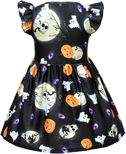 Vista 2 de Mini vestido de Halloween para niñas pequeñas, con volantes y manga corta, estampado de calabaza, acampanado, mini vestido de falda para otoño