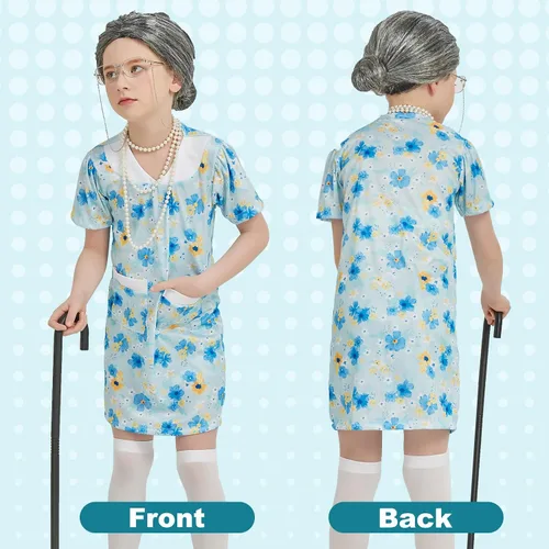 Vista 7 de Old Lady Costume for Kids - 100 Days of School Costume for Girls,Grandma Nightgown Granny Wig,Old Woman Costume Set