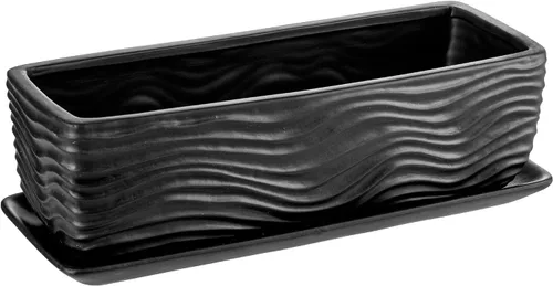 Vista 6 de [Usado] MyGift Maceta de cerámica de 12.5 pulgadas, moderna maceta rectangular texturizada para suculentas con diseño de ondas y platillo extraíble
