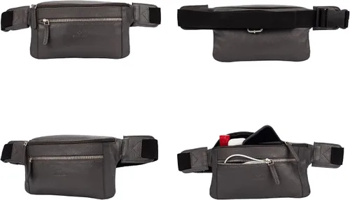 Vista 3 de FINELAER Riñonera de cuero con bolsillos con cremallera, ajuste ajustable, diseño elegante, Gris, Riñonera de senderismo