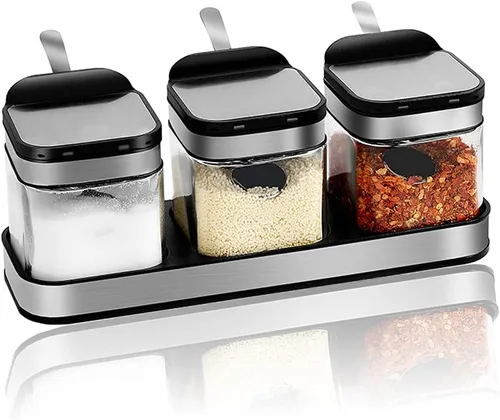 Vista 5 de Contenedor de especias para condimentos con tapas y cucharas de acero inoxidable 304, recipientes de vidrio transparente para condimentos