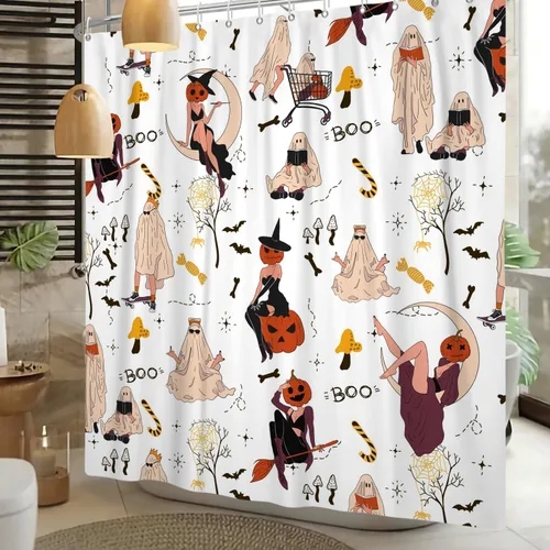 Vista 7 de Cortina de ducha divertida de Halloween, espeluznante y bonita, fantasma, calabazas, murciélagos, cortina de baño para niños, decoración