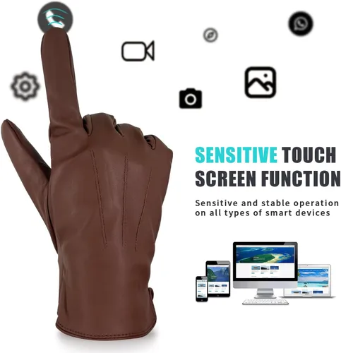 Vista 2 de ZLUXURQ Guantes de cuero de lujo para hombre con forro de cachemira, suave y cómodo piel de cordero Touchsreen