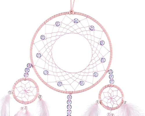 Vista 3 de Atrapasueños suaves – Plumas de ganso rosa claro con multianillo, perla de lujo, cuero natural, hecho a mano, gran atrapasueños para decoración