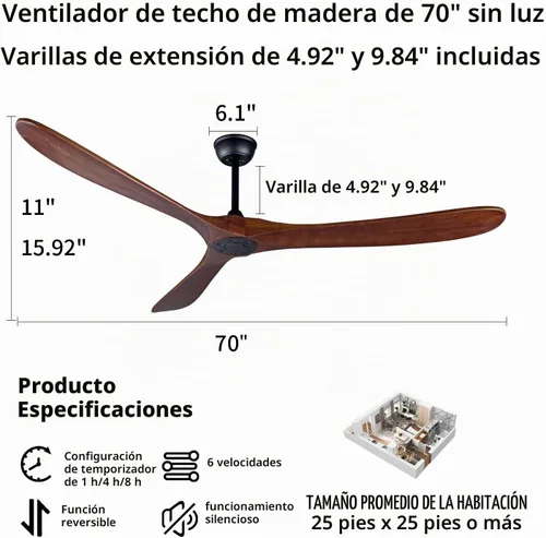 Vista 3 de Ventilador de techo de sala de estar de 70 pulgadas, ventilador de techo de dormitorio con control remoto, 2 varillas bajantes, motor CC reversible