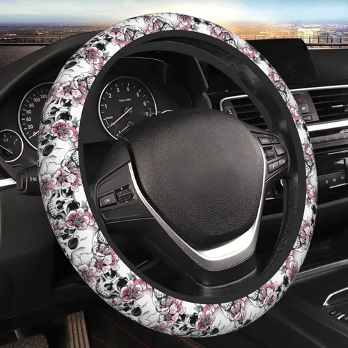Vista 12 de Funda de volante retro con diseño de calavera para mujeres, hombres y niñas, accesorios para automóvil, decoración, antideslizante, de neopreno, 15