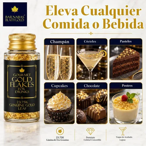 Vista 2 de Barnabas - Hojas de hojuelas de oro comestibles para alimentos (bebidas), 1 paquete