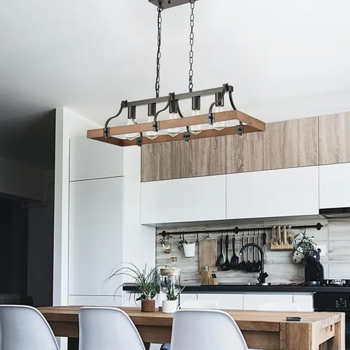 Vista 2 de Candelabros de granja para comedor, lámpara rústica de isla de cocina de 5 luces, techo rectangular industrial industrial negro