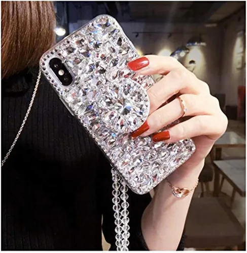 Vista 3 de Aikukiki Funda para Samsung Galaxy A52 5G, funda con función atril de diamante, 3D hecha a mano Bling Diamond Glitter Phone Case (blanco)