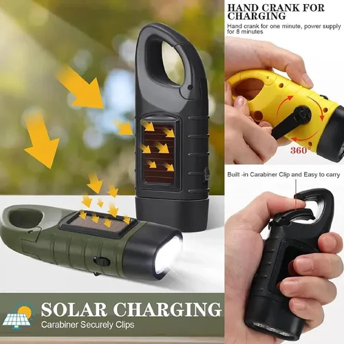 Vista 8 de Emblem OD - Linterna LED con manivela de mano solar, linterna de supervivencia recargable de emergencia con manivela dinamo y clip de carbiner.