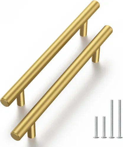 Vista 10 de Haliwu Paquete de 5 manijas doradas de gabinete de cocina de 2-1/2 pulgadas para tiradores de cajón, tiradores dorados cepillados, accesorios