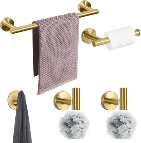 Vista 5 de NearMoon Juego de accesorios de baño SUS 304 de acero inoxidable grueso, incluye toallero de 16 pulgadas, soporte para papel higiénico, ganchos Oro
